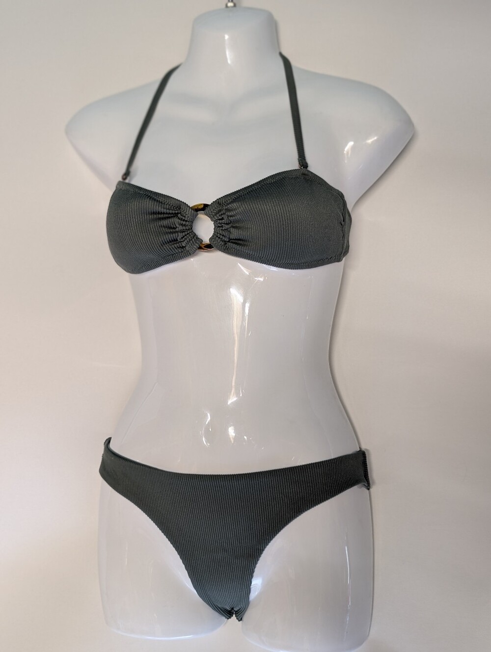 Ribbed Ring-Front Bikini Set - Dark Green Size XS